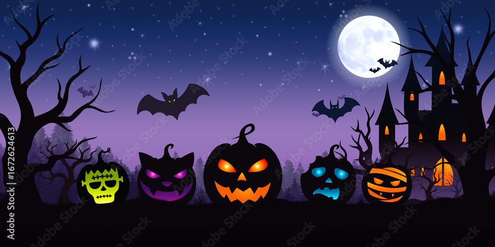 Fototapeta premium Halloween night background with pumpkins and bats