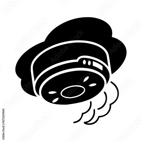 Black silhouette of a smoke detector with flashing light and smoke icon