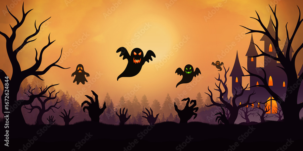 Halloween orange sunset background with hands and ghosts Halloween orange sunset background with hands and ghosts