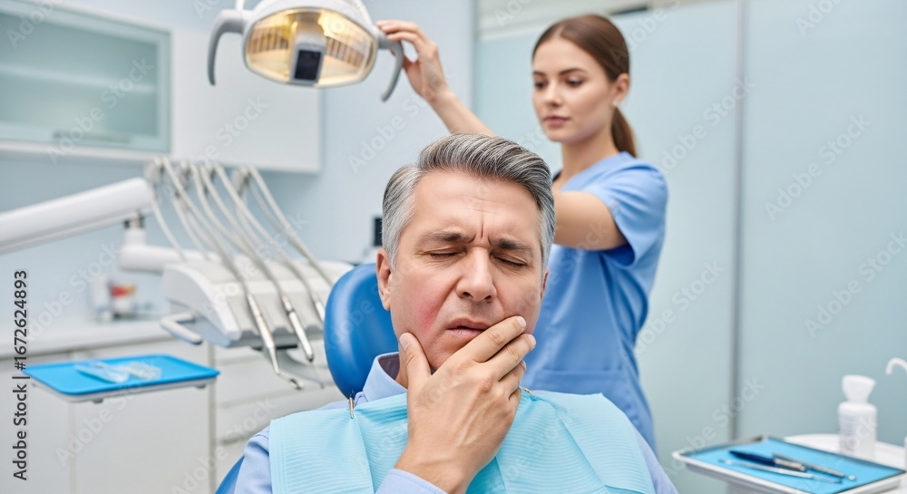Obraz premium Man's Dental Discomfort Examined by Dentist Healthcare, Pain, Dentistry