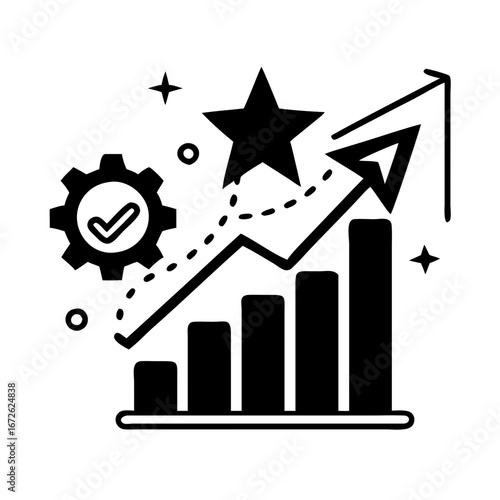 Business growth graph with star, checkmark gear, and upward arrow icon