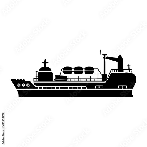 Black silhouette of a modern cargo ship with lifeboats icon