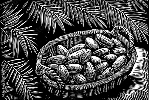 basket holding dates decorated with palm leaves, cultural organic still life, detailed artistic black and white sketch