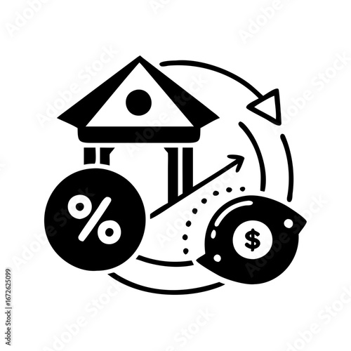 Financial concept with bank building, percentage symbol, and dollar coin icon