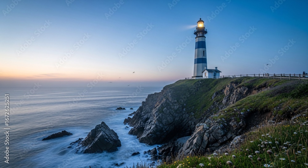 Naklejka premium Striking Coastal Beacon A Lighthouse Stands Guard Against the Sea's Embrace at Dusk