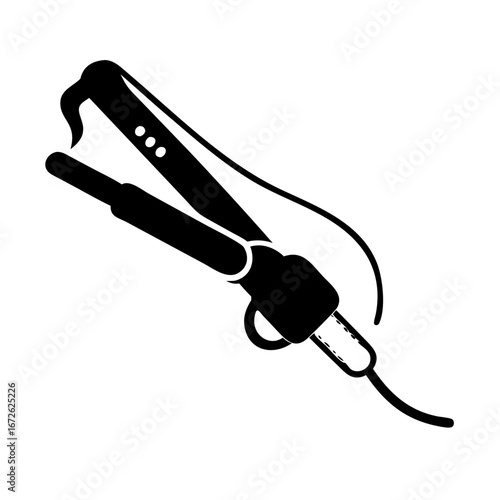 Black and white illustration of a hair straightener with cord icon