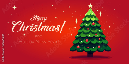 Christmas elegant invitation with Christmas tree. Merry Christmas greeting card with Christmas tree. Merry Christmas and Happy New Year banner with Christmas tree on red background design