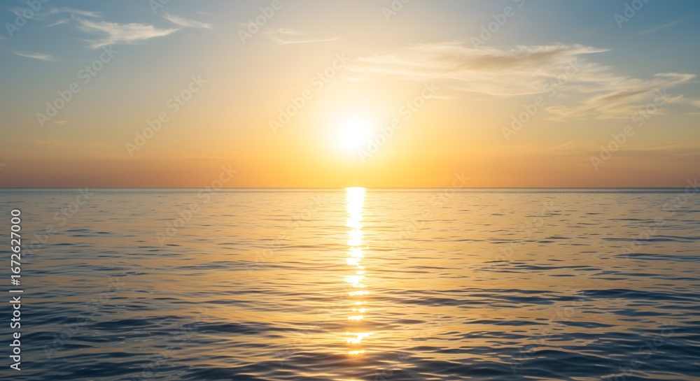 Obraz premium A breathtaking sunset over the vast ocean, casting a golden glow on the water's surface, reflecting the sky's vibrant hues. The scene evokes tranquility and the beauty of nature