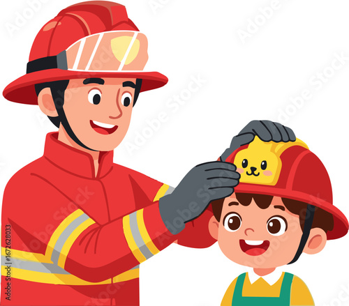 Firefighter helping a child put on a helmet, fostering a sense of safety and childhood exploration