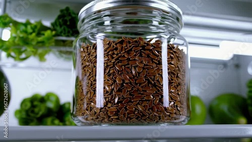 Container Holding Fresh Flax Seeds Stored Inside Refrigeration Appliance