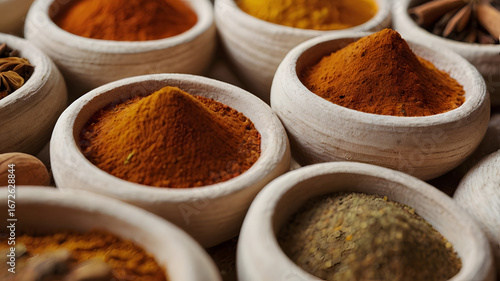 A vibrant collection of assorted ground spices and herbs in rustic ceramic bowls, representing global cuisine and flavorful cooking