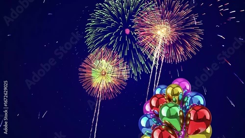 Background Design for the New Year Celebration Featuring Pyrotechnics and Inflatable Spheres on Blue Color