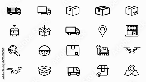 Illustration of a set of logistics and shipping icons including trucks boxes and delivery related elements