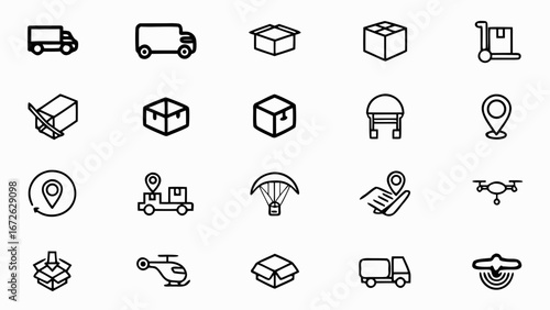 Collection of delivery and transportation icons including trucks drones helicopters and package boxes icons set