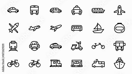 Collection of various transportation icons including cars planes and trains in black and white style