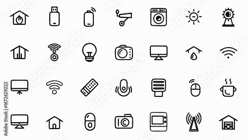Collection of various household and electronic device icons arranged in a grid pattern on a white background