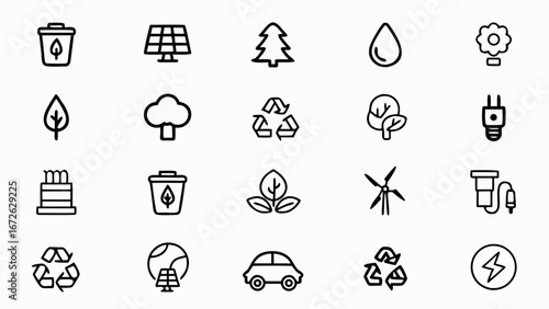 Line art icons depicting environmental conservation and sustainability elements clearly presented here
