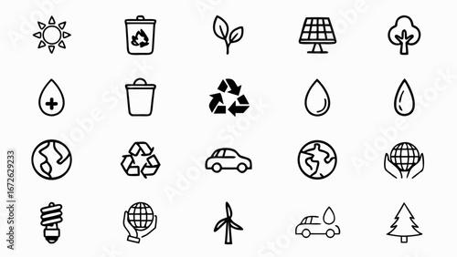 Collection of environmental icons including solar panels recycling and renewable energy sources