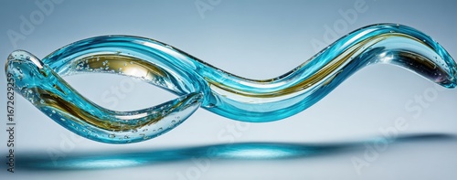 A dynamic, fluid turquoise and gold design captures a flowing, wave-like form against a subtle light blue background.