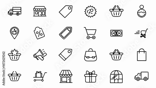 Collection of e commerce icons including shopping carts gifts store front and delivery truck illustration