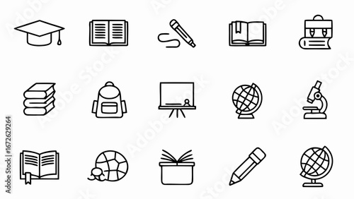 Line art illustration of school supplies and educational tools including books and microscope icons