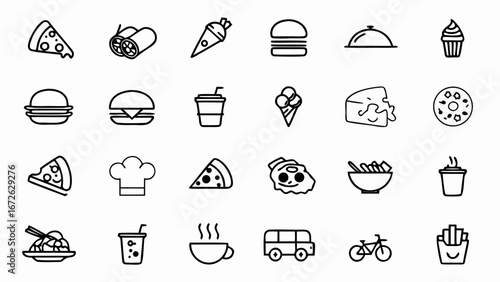 Collection of various food items and transportation icons in a simple black and white style design
