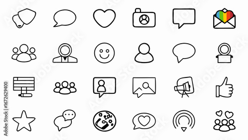 Collection of social media icons including speech bubbles people and a heart envelope design vector