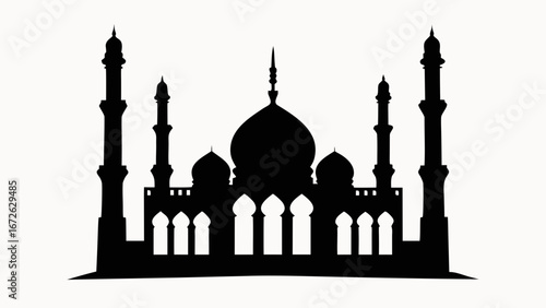 Silhouette of a mosque with minarets and domes against a plain white background creating a stark contrast