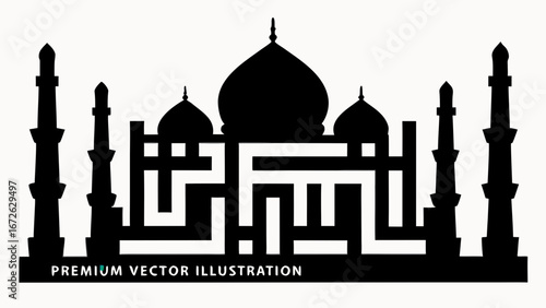 Silhouette of the taj mahal with minarets and domes in black and white premium vector illustration
