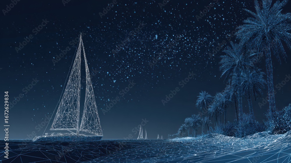 Naklejka premium Abstract sailing scene at night