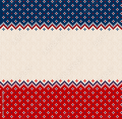 Cozy Knitted Christmas Border with Snowflakes and Reindeer. Red and Blue Christmas Sweater Background Holiday Pattern. Ugly Sweater Style Invitation Template, Festive Knit Design Vector Illustration