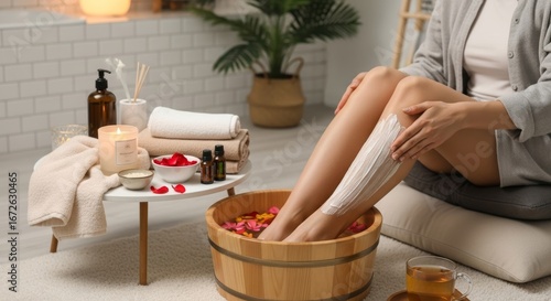 Fototapeta Naklejka Na Ścianę i Meble -  woman in bathrobe enjoys relaxing foot spa with rose petals, applying lotion to her leg. Candles, essential oils, and spa stones create a tranquil self-care ambiance