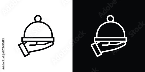 Hand holding tray icon logo concept in strokes