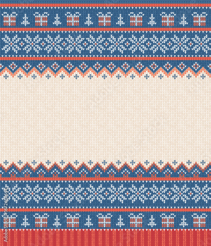Cozy Knitted Christmas Border with Snowflakes and Gift. Red BlueChristmas Sweater Background Holiday Pattern. Ugly Sweater Style Invitation Template, Festive Knit Design Vector Illustration