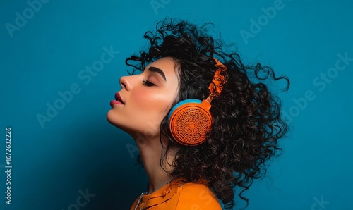 A young woman with curly hair is immersed in music while wearing bright orange headphones against a blue background