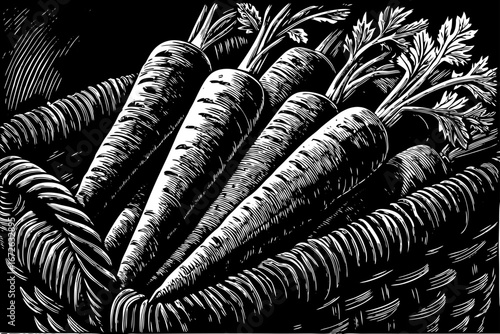 Basket filled with fresh carrots decorated with leafy greens, rustic organic composition, healthy natural still life black and white sketch