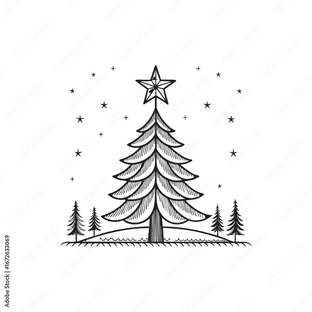 Obraz premium Minimalist line art christmas tree with star