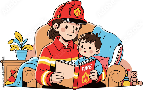 A compassionate female firefighter shares vital fire safety knowledge with an eager young boy through an engaging storybook, promoting early awareness and protection at home