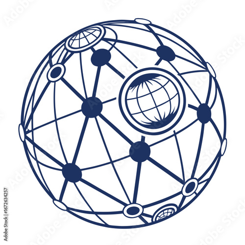 3D Network Structure of Blue and White Spheres – Abstract Connection Design