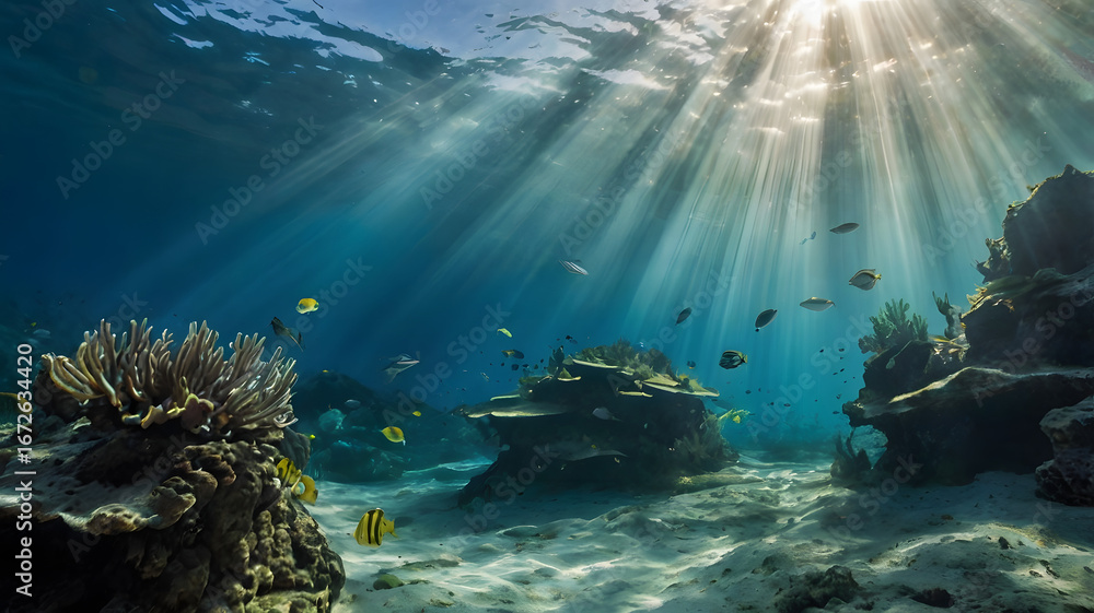 Obraz premium A breathtaking underwater seascape where brilliant sunbeams pierce the tranquil blue ocean, illuminating a vibrant coral reef teeming with diverse marine life