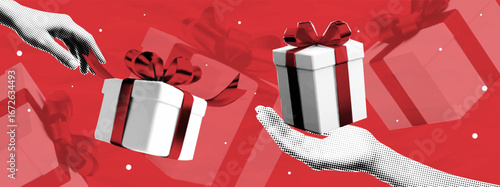 Christmas Halftone pop art collage of hands exchanging gift boxes with ribbon, present, giving and celebration concept in halftone texture on red background
