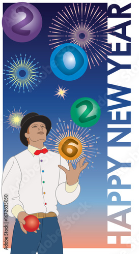 2026 happy new year concept of juggler wearing top hat juggling four balls with the new year numbers, including fireworks in the evening sky background