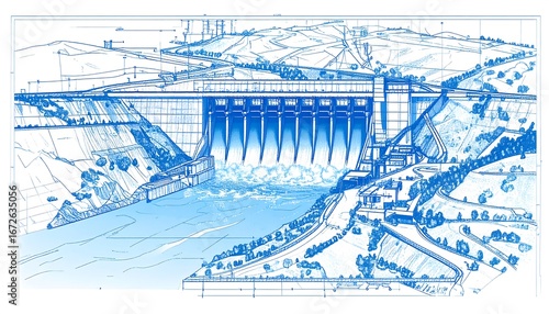 Detailed technical drawing of a hydroelectric dam