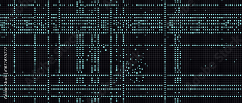 Digital matrix pattern with glowing blue dots on black grid background.