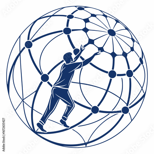 3D Network Structure of Blue and White Spheres – Abstract Connection Design