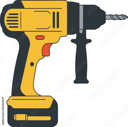 Electric drill with drill bit. Illustration of a hand drill for construction with electricity