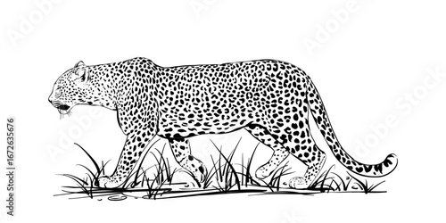 Trendy Vector leopard illustration, black and white animal drawing, wild cat in nature, wildlife art, walking leopard line art, hand-drawn feline, safari animals, nature poster detailed graphic design