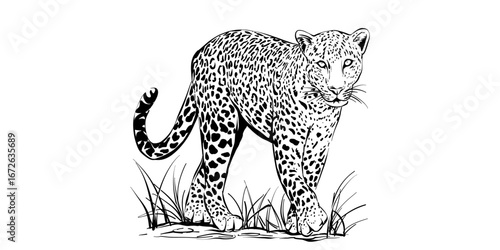 Trendy Vector leopard illustration, black and white animal drawing, wild cat in nature, wildlife art, walking leopard line art, hand-drawn feline, safari animals, nature poster detailed graphic design