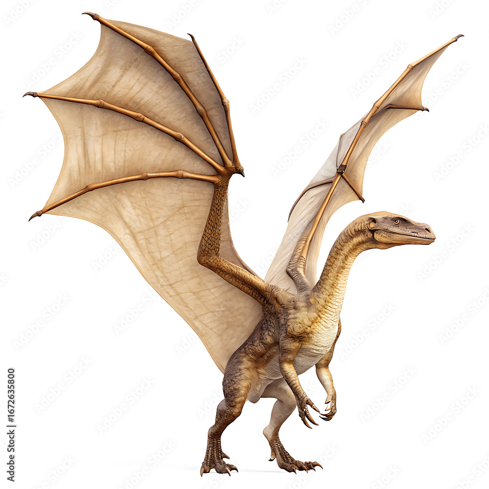 Obraz premium A full body view of a dragon standing on its hind legs with its wings spread on a white background