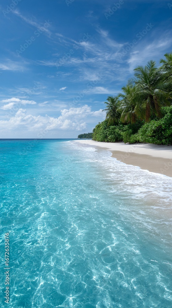 Fototapeta premium Idyllic Tropical Beach Paradise with Turquoise Water and Palm Trees on a Sunny Day